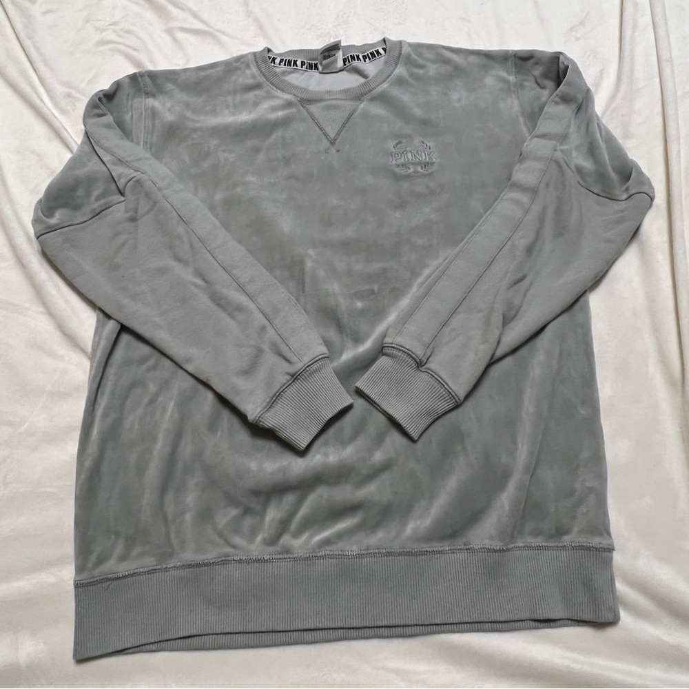 PINK Gray Velour Crewneck Sweatshirt ~ Medium